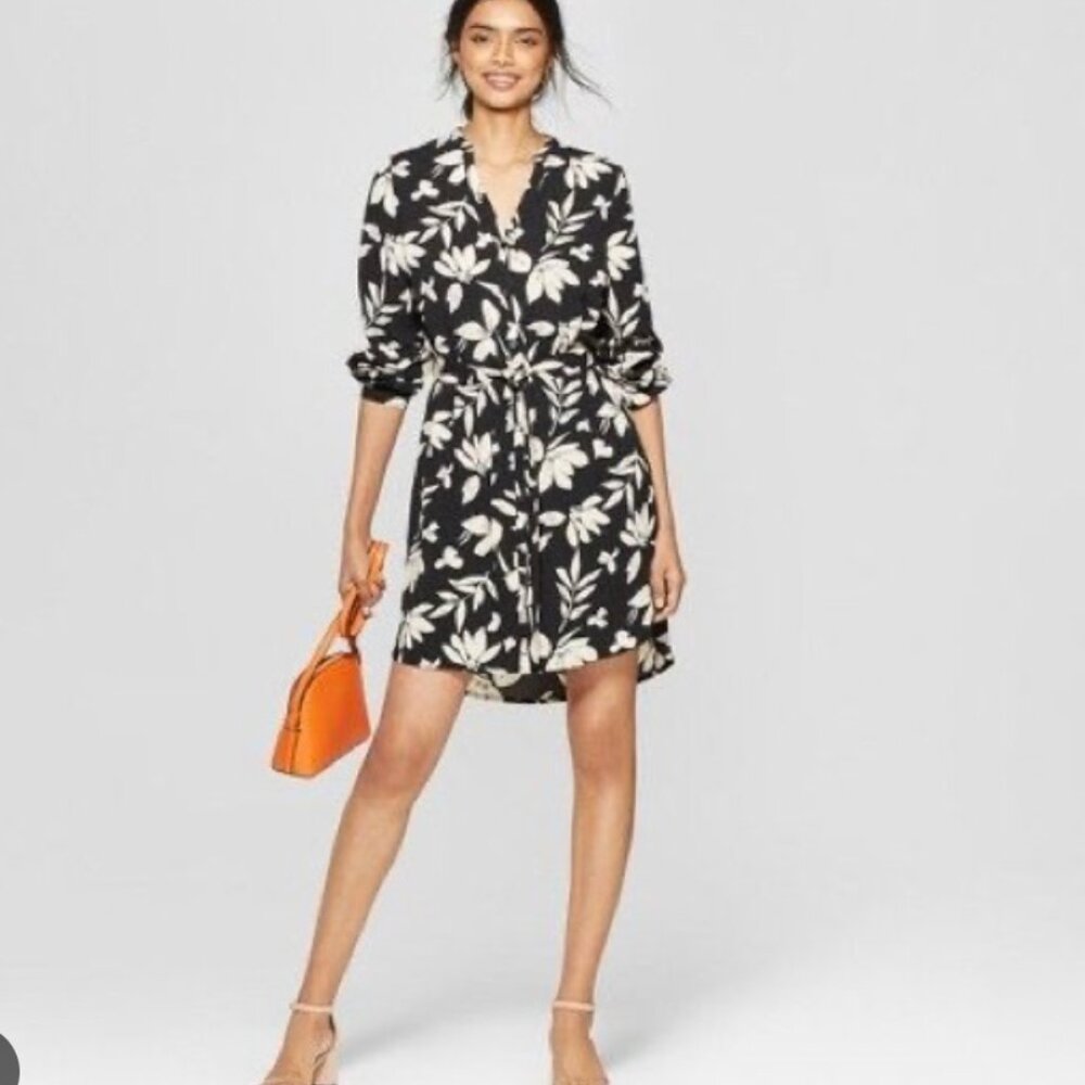 A New Day Black and Cream Floral Print Dress - M